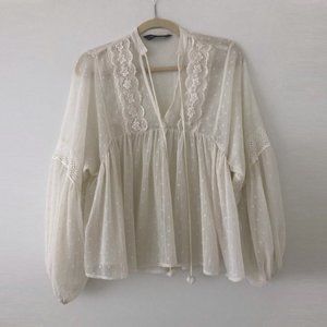 Zara Dotted Mesh Blouse with Lace
